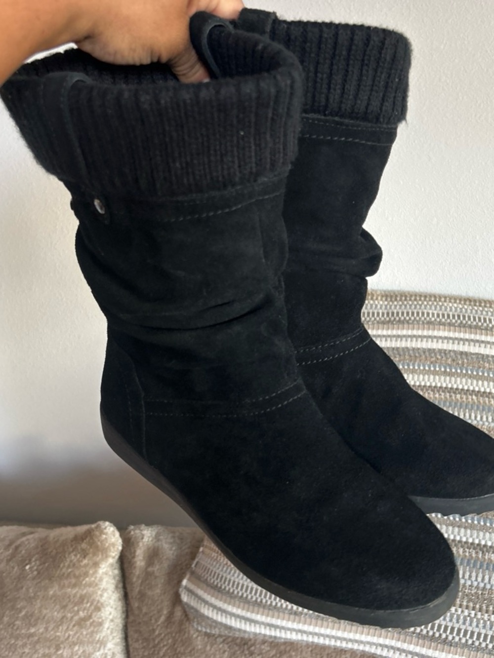 Cougar Black Suede Knit-Cuff Mid-Calf Boots